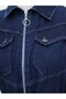 Half Zipper Tunnel Lace up Elastic Sleeve Denim Dress - Navy - 4