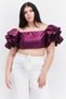 Women Square Neck Ruffle Sleeve Metallic Crop Top, Purple