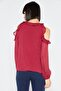 Women V-Neck Cold Shoulder Sheer Lined Blouse, Red - 2