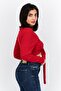 Women Tie Neck Long Sleeve Ribbed Wrap Top, Red - 2