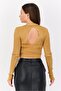 Women V Neck Metallic Cut Out Long Sleeves Top, Gold - 4