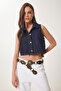 Polo Neck Crop Denim Vest Dark Blue Lus0107