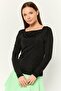 Women V Neck Long Sleeves Solid Top, Black