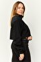 Women High Neck Solid Long Sleeves Cropped Sweatshirts, Black - 2