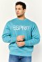 Men Crew Neck Long Sleeves Brand Logo Sweatshirts, Teal Blue