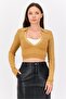 Women V Neck Metallic Cut Out Long Sleeves Top, Gold