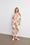 Women's Camel-White Floral Patterned Kimono Shirt Pants Set - 5