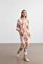 Women's Camel-White Floral Patterned Kimono Shirt Pants Set - 4