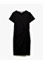 Drape Detailed Crew Neck Crepe Scuba Fabric Short Sleeve Dress - 3