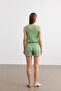 Women's Green Flower Pattern Pleated Tank Top with Waist Tie Mini Skirt Suit - 8