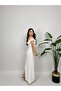 White Ruffled Boat Neck Long Evening Dress - 5