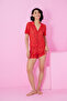 Red Black Heart Pattern Pointel Openwork/Hole Shirt Collar Knitted Button Shorts Suit - 2