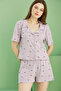 Lilac Heart Printed Ribbed Camisole Knitted Buttoned Shirt Collar Shorts Set