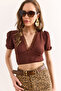 Women's Bitter Brown Lace Detailed Crop Wrap Blouse Blz-19002937 - 2