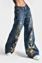 Women's T-Shirt Color Embroidered Design Palazzo Fit Denim Jeans - 2