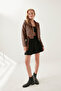 Women's Brown Zipper and Belt Detail Leather Jacket - 3