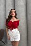 Madonna Collar Off Shoulder Front Shirred Crop Blouse Red Rb2801 - 2