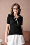 Women's Polo Neck Buttoned Ribbed Short Sleeve Knitwear Blouse