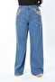 Women's Large Size Blue Stone Embroidered High Waist 5 Pocket Jeans 65N38895