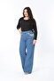 Women's Large Size Blue Stone Embroidered High Waist 5 Pocket Jeans 65N38895 - 4
