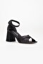 Large Size Women's Heeled Sandals with Cross Shiny Black Banded Helmet - 4