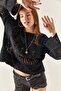 Women's Black Tiny Pompom Openwork Cotton Knitwear Blouse BLZ-19002336