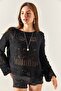 Women's Black Tiny Pompom Openwork Cotton Knitwear Blouse BLZ-19002336 - 3