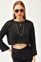Women's Black Dirty Collar Openwork Crop Cotton Knitwear Blouse BLZ-19002560 - 3