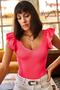Women's Neon Fuchsia Front Back V Shoulder Ruffle Knitwear Blouse BLZ-19001097 - 7