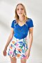 Women's Cobalt Blue Green V-Neck Short Sleeve 2-Piece Set Blouse BLZ-19002195 - 5