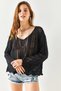 Women's Black Spanish Sleeve Geometric Detailed Cotton Knitwear Blouse BLZ-19002340 - 5