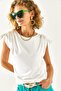 Women's Ecru Shoulder Gathered Flowy Knitted Viscose Blouse BLZ-19002361 - 8