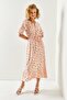 Women's Salmon White Buttoned Belted Sleeve Detailed Woven Viscose Dress ELB-19001524 - 5