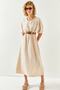 Women's Stone V-Neck Elastic Waist Bat Loose Dress ELB-19001946 - 3