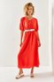 Women's Coral V-Neck Elastic Waist Bat Loose Dress ELB-19001946 - 2