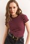 Women's Burgundy Crew Neck Striped Crop Cotton T-Shirt Tsh-19000888 - 5