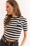 Women's Black Pocket Detailed Crop Stretchy Ribbed T-Shirt Tsh-19000879