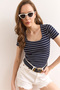 Women's Navy Blue Striped Square Neck Stretch Cotton T-Shirt TSH-19000886 - 3