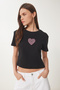 Stoned Heart Detailed Crop Knitted T-Shirt Black Lbv0058 - 3