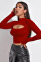 Women's Red Chest Low-Cut Long Sleeve Cut Out Crop Top Blouse - 5