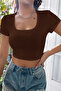 Night Women's Brown Half Sleeve Plain Collar Crop Top Blouse - 3