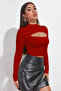 Women's Red Chest Low-Cut Long Sleeve Cut Out Crop Top Blouse - 4