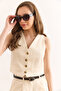 Women's Ecru Lined Pocket Buttoned Gabardine Vest Ylk-19000066