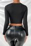Women's Black Low-Cut Cross Strap Long Sleeve Crop Top Blouse - 2