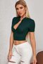 Women's Green Half Zip and Short Sleeve Crop Top Blouse - 5
