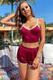 Women's Burgundy Strappy Crop Top and Shorts Nightgown Set - 3