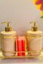 Set of 2 Liquid Soap Dispensers with Gold Color Detail, Sponge Holder and Stand