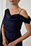 Women's Navy Blue One Shoulder Stone Strap Long Satin Evening Dress - 4