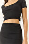 Women's Black Square Neck Short Sleeve Crop Slit Detailed Camisole Bottom-Top Set 60284032 - 6