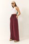 Women's Burgundy Elastic Waist Lace-Up Detailed Pocketed Linen Wide Jogger Pants 3235 60281035 - 3